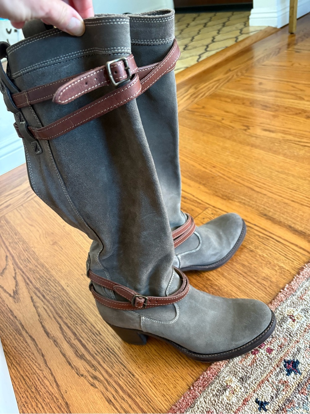 Frye Gray Suede Knee-High Heeled Boots with Brown Strap